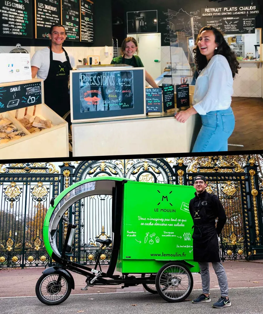 Une boutique Le Moulin et le vélo-cargo de livraison